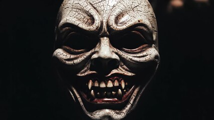 Creepy Mask With Cracked Texture Illuminated Dramatically In Dim Lighting Creating Eerie Atmosphere Suggesting Horror Or Thriller Context