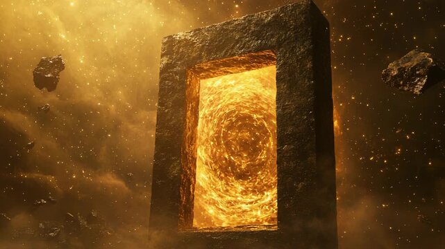 Cosmic portal creating golden glowing energy rift in deep space
