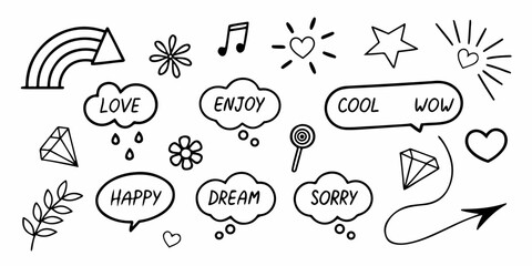 Playful hand-drawn doodle set featuring speech bubbles, words, hearts, stars, sun icons, music notes, arrows, and decorative line art. Minimal black-and-white vector illustration for creative design.