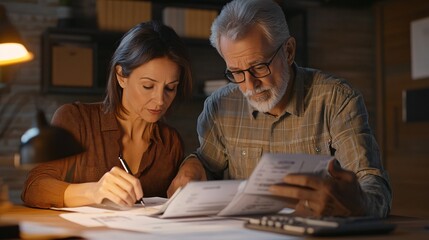 Elderly couple calculating household expenses together