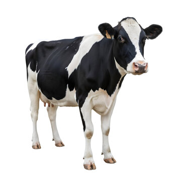 Full Body Studio Portrait of a Black and White Holstein Friesian Cow Standing on a Transparent Background Ideal for Commercial Use