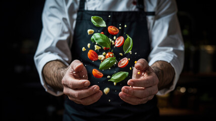 The hands of a professional chef in a white uniform with rolled-up sleeves, working on a dark black background. Realistic movement, flying products frozen in the air.