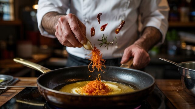 The hands of a professional chef in a white uniform with rolled-up sleeves, working on a dark black background. Realistic movement, flying products frozen in the air.