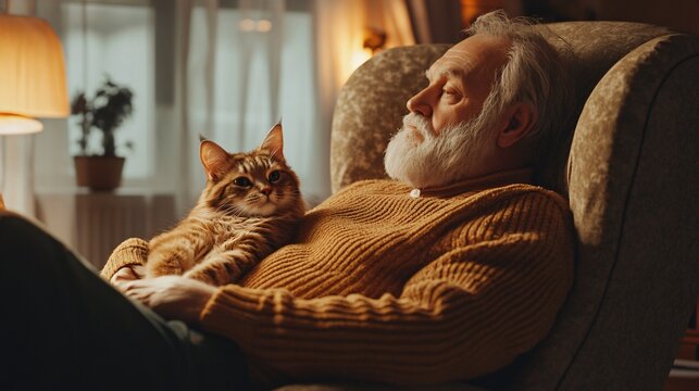 Elderly Gentleman Relaxing with Adorable Cat - Powered by Adobe