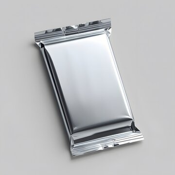 A blank silver foil candy bar or chocolate wrapper mockup with a smooth and reflective surface