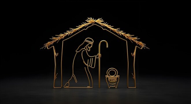 A dramatic low-key Nativity scene with figures bowing to the glowing Baby Jesus in the manger under a straw arch and halo, creating a powerful spiritual image.