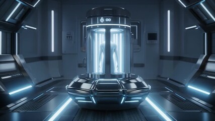 Futuristic cryo pod glowing blue light technology sci fi lab glowing light advanced technology - Powered by Adobe