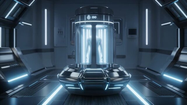 Futuristic cryo pod glowing blue light technology sci fi lab glowing light advanced technology