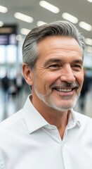 Fototapeta premium Smiling man in a white shirt at a busy airport during the day