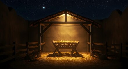 Rustic barn interior set up for a Nativity scene, featuring hay bales and a wooden manger softly lit by numerous glowing candles for a spiritual Christmas mood.