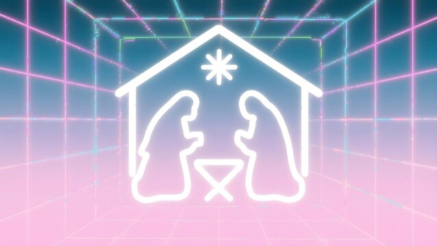 A Nativity scene icon rendered as a glowing neon outline over a pink and blue retrowave grid background, blending religious tradition with futuristic design.