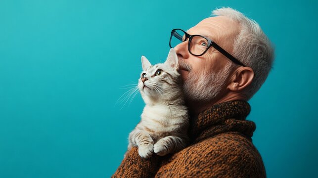 Elderly Gentleman with Adorable Cat on Azure