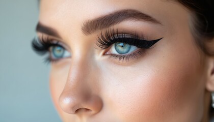 Close up of beautiful woman eyes with long eyelashes and black eyeliner. She has clear skin and blue eyes. Perfect makeup for any beauty concept or cosmetic ad.