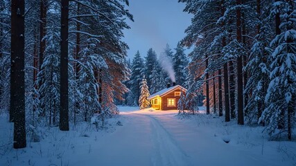 Cozy log cabin glowing in a snowy pine forest at blue hour, warm windows and chimney smoke, fresh path in deep winter snow leading home, tranqu
- Powered by Adobe