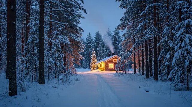 Cozy log cabin glowing in a snowy pine forest at blue hour, warm windows and chimney smoke, fresh path in deep winter snow leading home, tranqu

