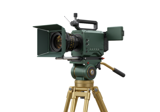 Isolated professional film camera with lens hood and viewfinder, set on a sturdy tripod stand