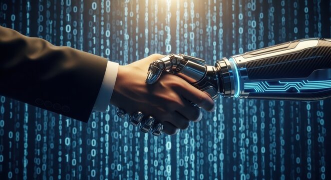 Human and robot handshake symbolizing collaboration in technology and artificial intelligence
