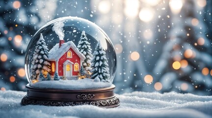 Snow globe with a red house and pine trees, on snow with falling snowflakes and a blurred winter forest background with bokeh. Christmas, Happy New Year greeting card