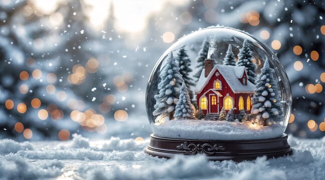 Snow globe with a red house and pine trees, on snow with falling snowflakes and a blurred winter forest background with bokeh. Christmas, Happy New Year greeting card