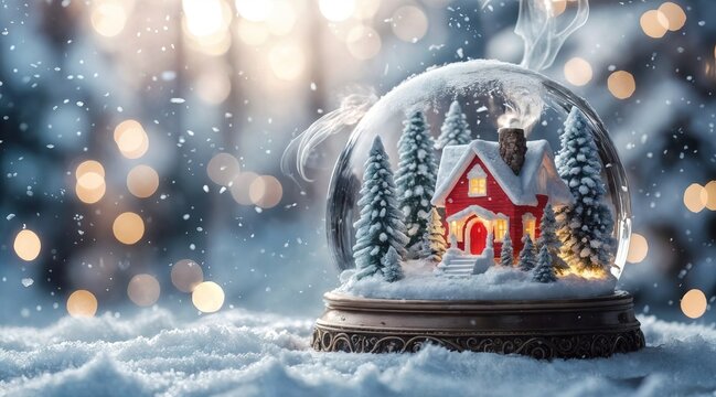 Snow globe with a red house and pine trees, on snow with falling snowflakes and a blurred winter forest background with bokeh. Christmas, Happy New Year greeting card