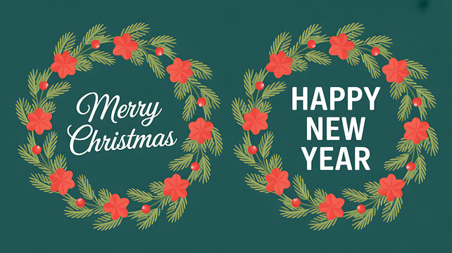 Festive Merry Christmas and Happy New Year greetings with elegant evergreen wreaths