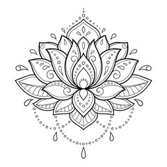 Lotus mehndi flower pattern for Henna drawing and tattoo. Decoration in oriental, Indian style. Doodle ornament. Outline hand draw vector illustration.