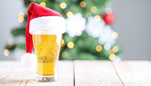  A festive holiday scene featuring a frothy glass of beer adorned with a Santa hat 