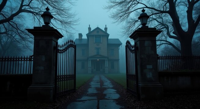 Gate leading to a creepy mansion in the fog - Powered by Adobe
