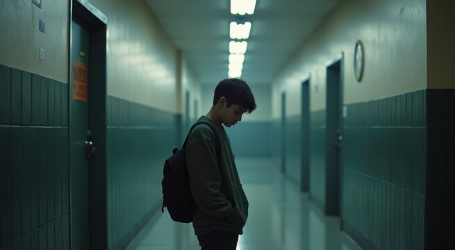 Man in a hallway with a backpack looking down