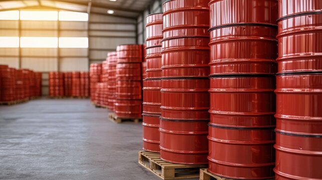 Stacks of red metal oil drums arranged on pallets in an industrial warehouse known for storage and outdoor use