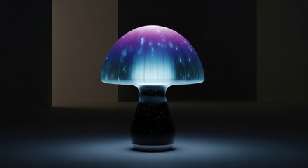 Mushroom shaped lamp with glowing colors in a dark room creating a modern and artistic atmosphere