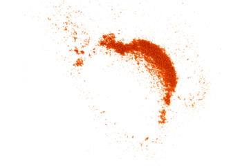 Ground red pepper flying spice powder, vibrant paprika seasoning explosion, aromatic crushed chili ingredient isolated