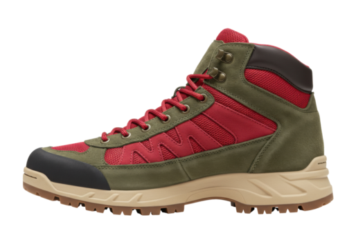 Isolated hiking boot on display showcasing ruggedness and comfort for outdoor adventures