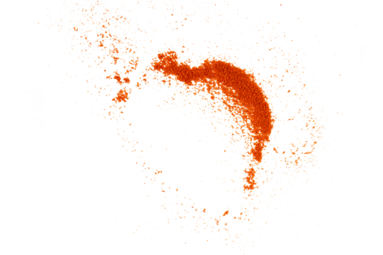 Ground red pepper flying spice powder, vibrant paprika seasoning explosion, aromatic crushed chili ingredient isolated