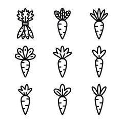 Fototapeta premium Nine variations of a simple black outline carrot icon on white Keywords: carrot, vegetable, food
