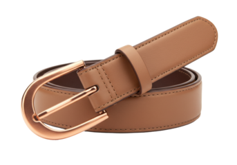 Isolated tan-colored leather belt with gold buckle, fashion accessory for women and men