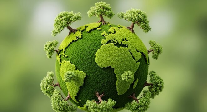 Green globe surrounded by trees represents environmental awareness and sustainability efforts for a cleaner planet - Powered by Adobe