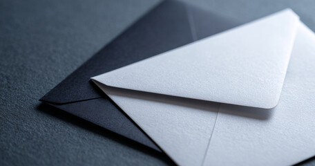 A stack of white and black envelopes on a dark surface