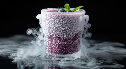 Frosted glass with blueberry drink surrounded by dry ice smoke against dark background
