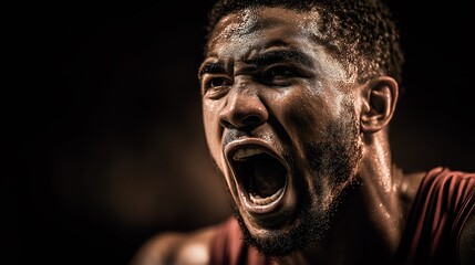 Energetic basketball player with beard exhibiting raw emotion during high-adrenaline game moment