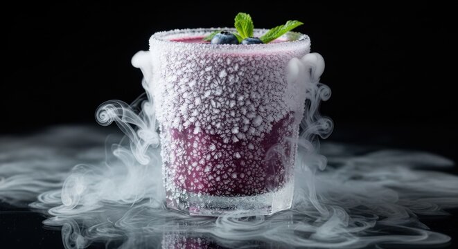 Frosted glass with blueberry drink surrounded by dry ice smoke against dark background - Powered by Adobe