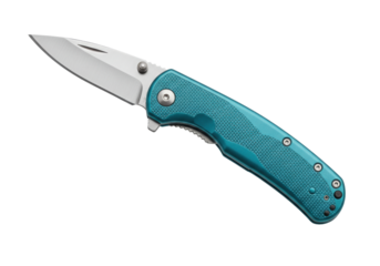 Isolated folding knife, teal handle, metal blade, pocket knife, outdoors knife, tool, weapon