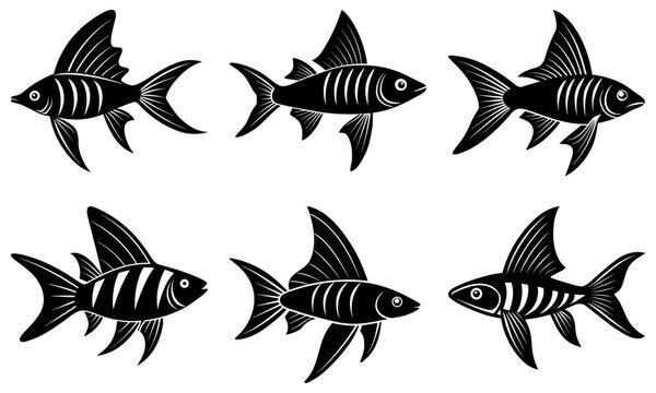 Charming stylized fish silhouettes swimming together, a whimsical aquatic collection ideal for nautical themes and eye-catching marine designs