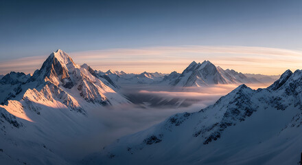 Naklejka premium Snow covered mountain peaks under a blue and orange sky at sunset, rising above valley fog