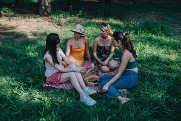 Four women sit on a red-and-white blanket in a sunny park, chatting and sharing a relaxed picnic. Casual outfits and greenery create a warm, friendly outdoor mood.