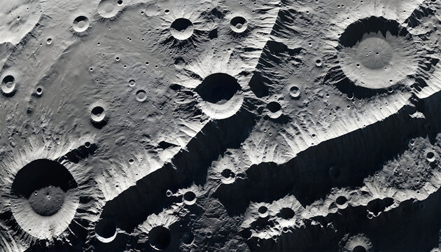 Monochrome aerial view of lunar surface featuring large crater and detailed moon topography