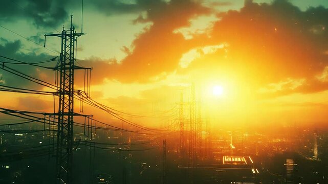 Power lines over city at bright orange sunset