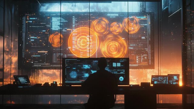 Person monitoring data on multiple screens in control room