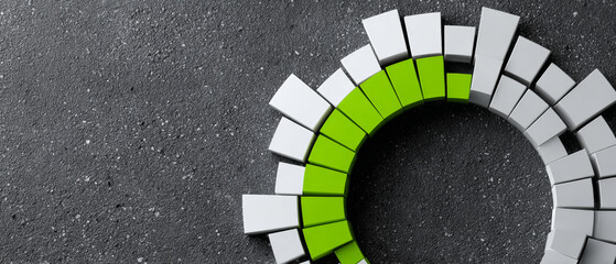 A circular arrangement of white and green blocks on a grey background, suggesting progress or loading status