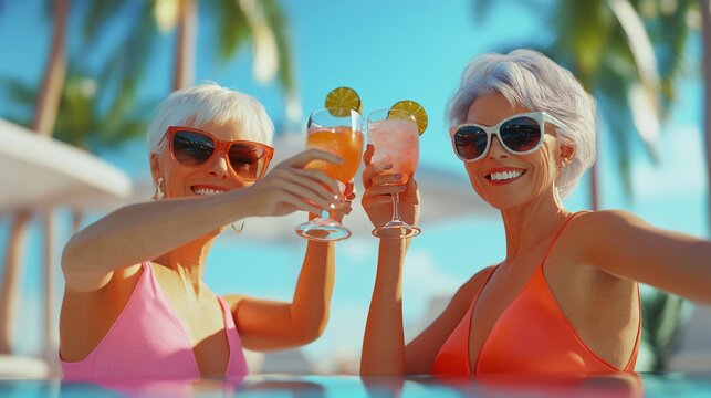 Elderly women toasting with drinks joyfully
